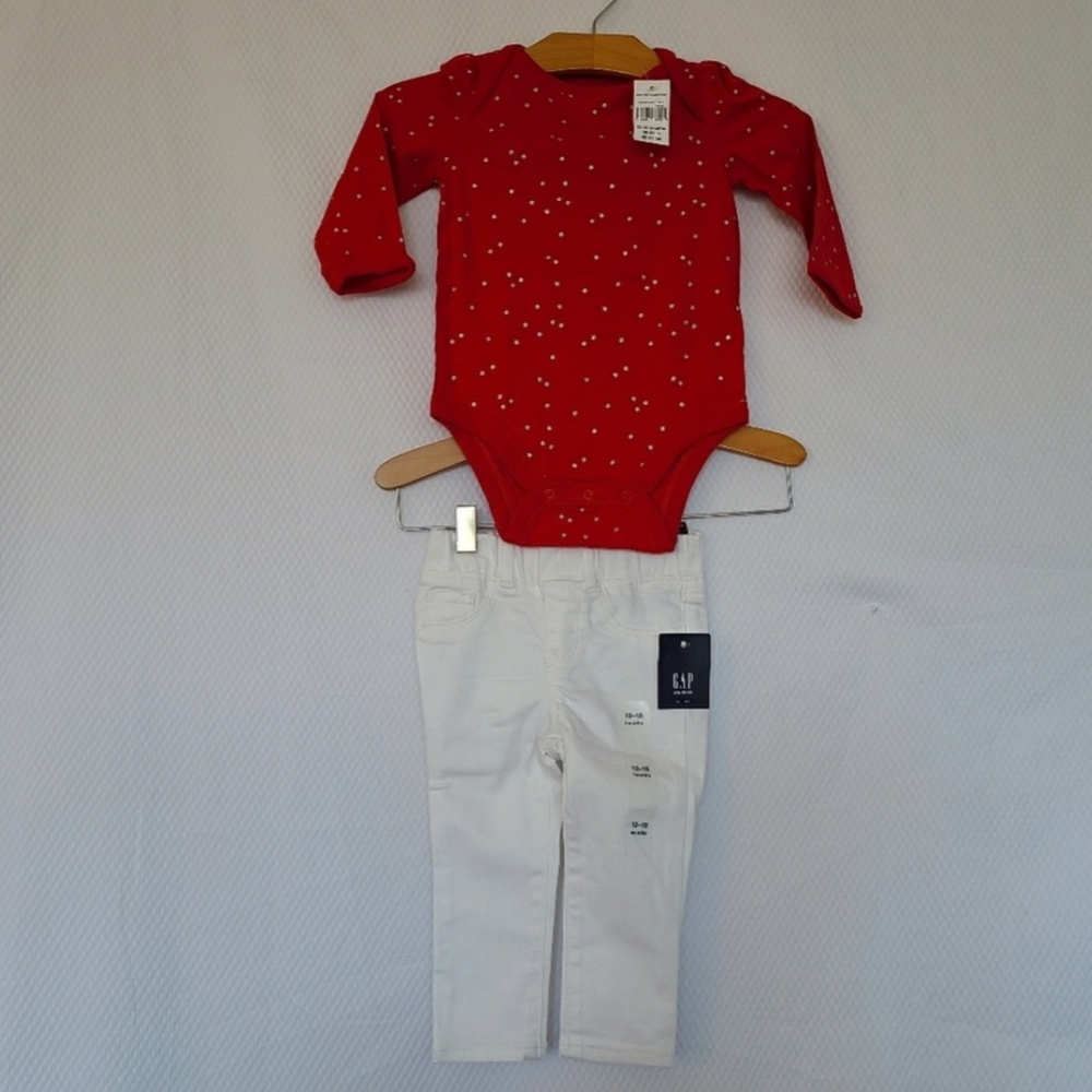 🆕️ Baby Gap NWT girl outfit White pull on pants, and red bodysuit 100% Cott